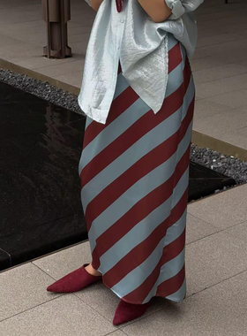 DENGDAHA 「假日狂想」包臀裙长裙摩登百搭拼色条纹高腰半身裙女