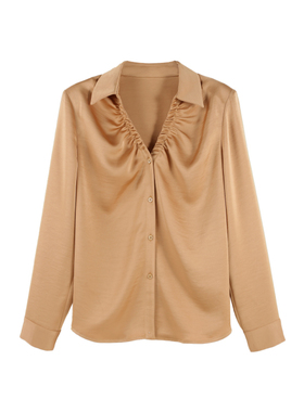 DENGDAHA「大哈」轻熟风 垂坠显瘦长袖V领抽褶缎面衬衫HBZW800346