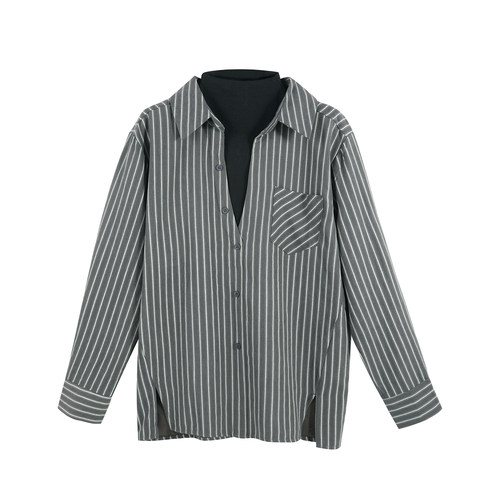 条纹假两件衬衫女深V设计感叠穿