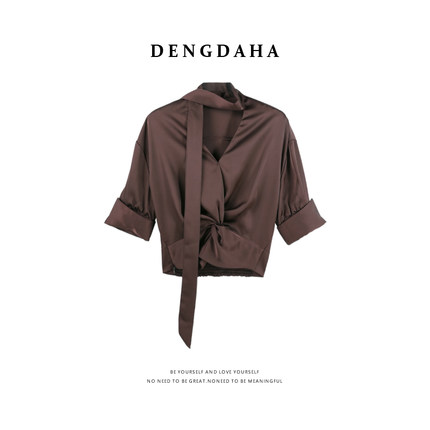 DENGDAHA「珠光琉璃」时尚法式风 气质缎面飘带衬衫HBZXP720224