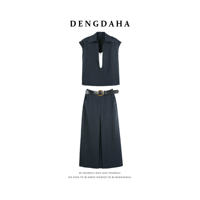 DENGDAHA「闲适行者」休闲风 无袖假两件优雅通勤套装YHBZW800414