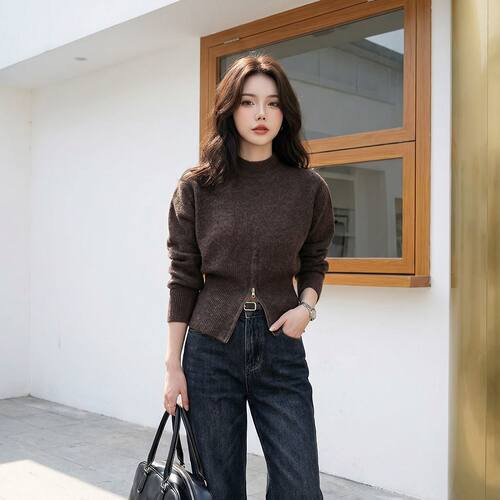 设计拉链纯色长袖毛衣立领针织衫秋季短款宽松百搭上衣 nnassa
