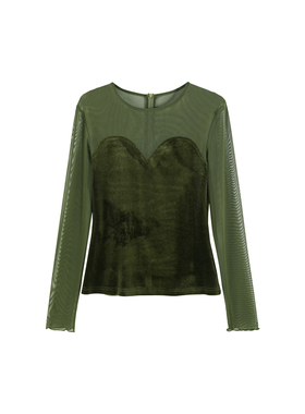 DENGDAHA圆领网纱丝绒黑色打底衫女秋长袖t恤内搭外穿高级感上衣