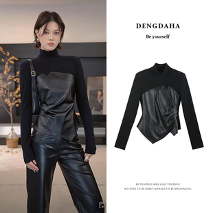 DENGDAHA「魅力磁场」休闲风 高领PU皮拼接套头上衣HBZW800057