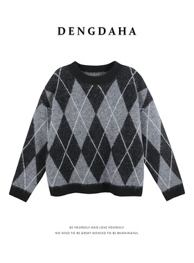 DENGDAHA「活力满格」复古菱格纹宽松圆领针织毛衣HBZX710099