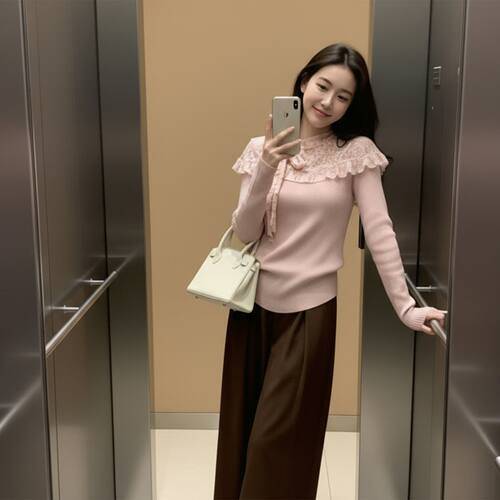 法式长袖打底针织衫女内搭2025新款高级感拼接蕾丝修身上衣nnassa