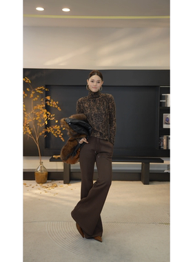 DENGDAHA「豹纹絮语」御姐风气质豹纹高领长袖T恤上衣HBZW800115