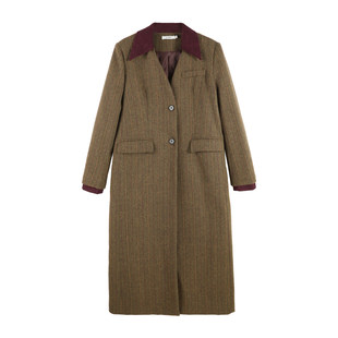 2025新款复古英伦绅雅风撞色拼接人字纹羊毛长款大衣HBZW800091