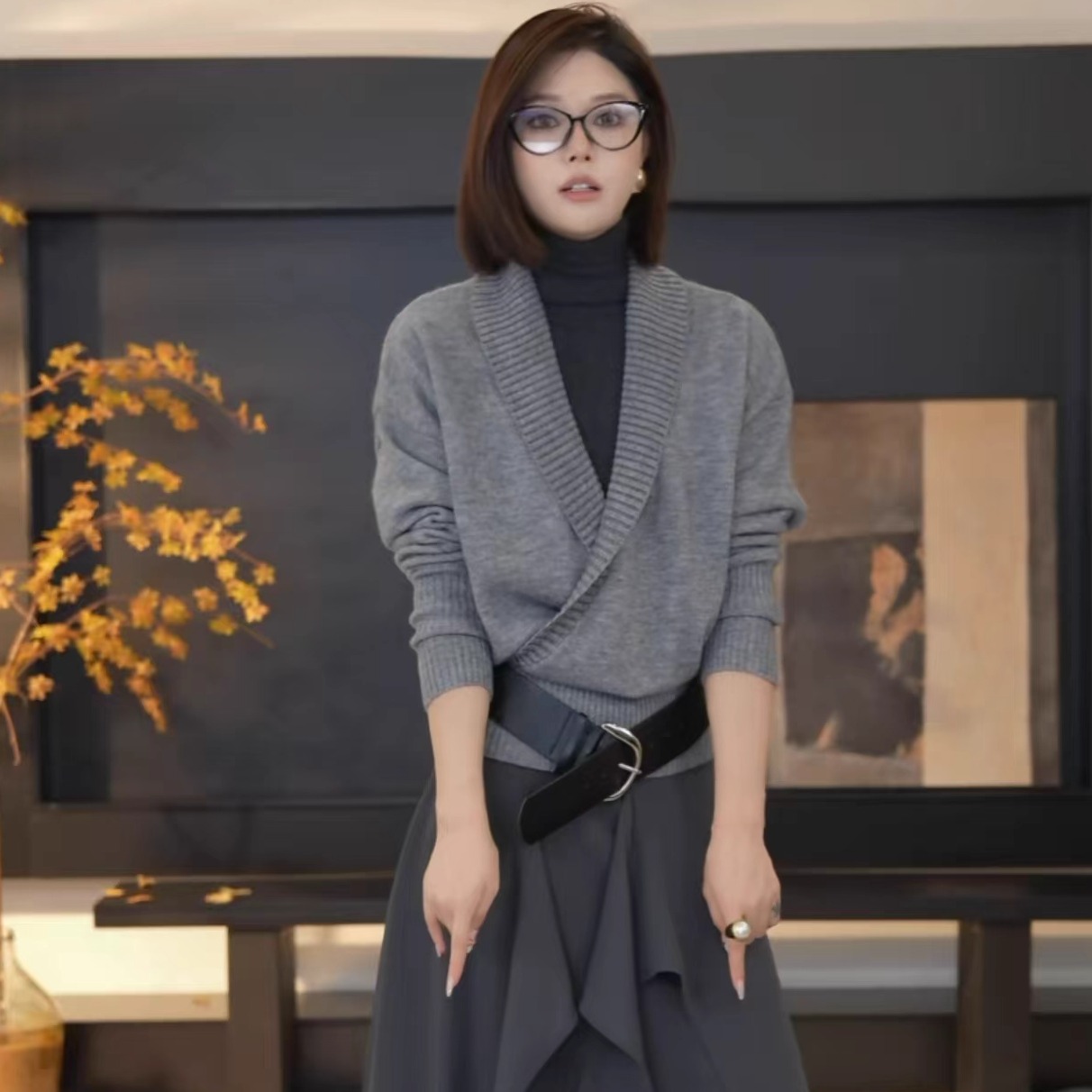 DENGDAHA老钱风V领设计感慵懒风针织衫SHBZXW918046