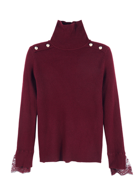 DENGDAHA「港口路」法式风 蕾丝拼接长袖针织衫HBZXW918446