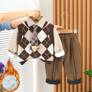 1一3岁宝宝冬装 套装 帅气儿童毛衣马甲加绒加厚三件套 衬衫 男童冬季