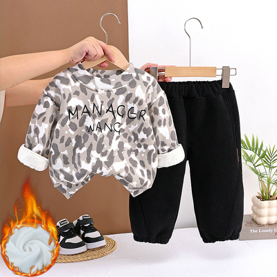 男童加绒卫衣套装2025新款儿童迷彩1一3岁宝宝秋冬一体薄绒两件套