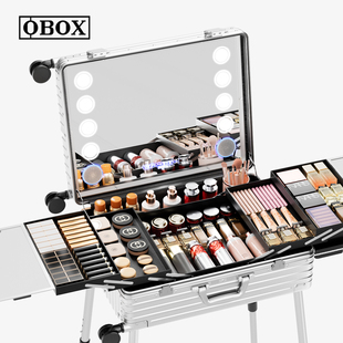OBOX化妆箱专业跟妆师拉杆箱带灯带镜子化妆师专用铝镁合金工具箱