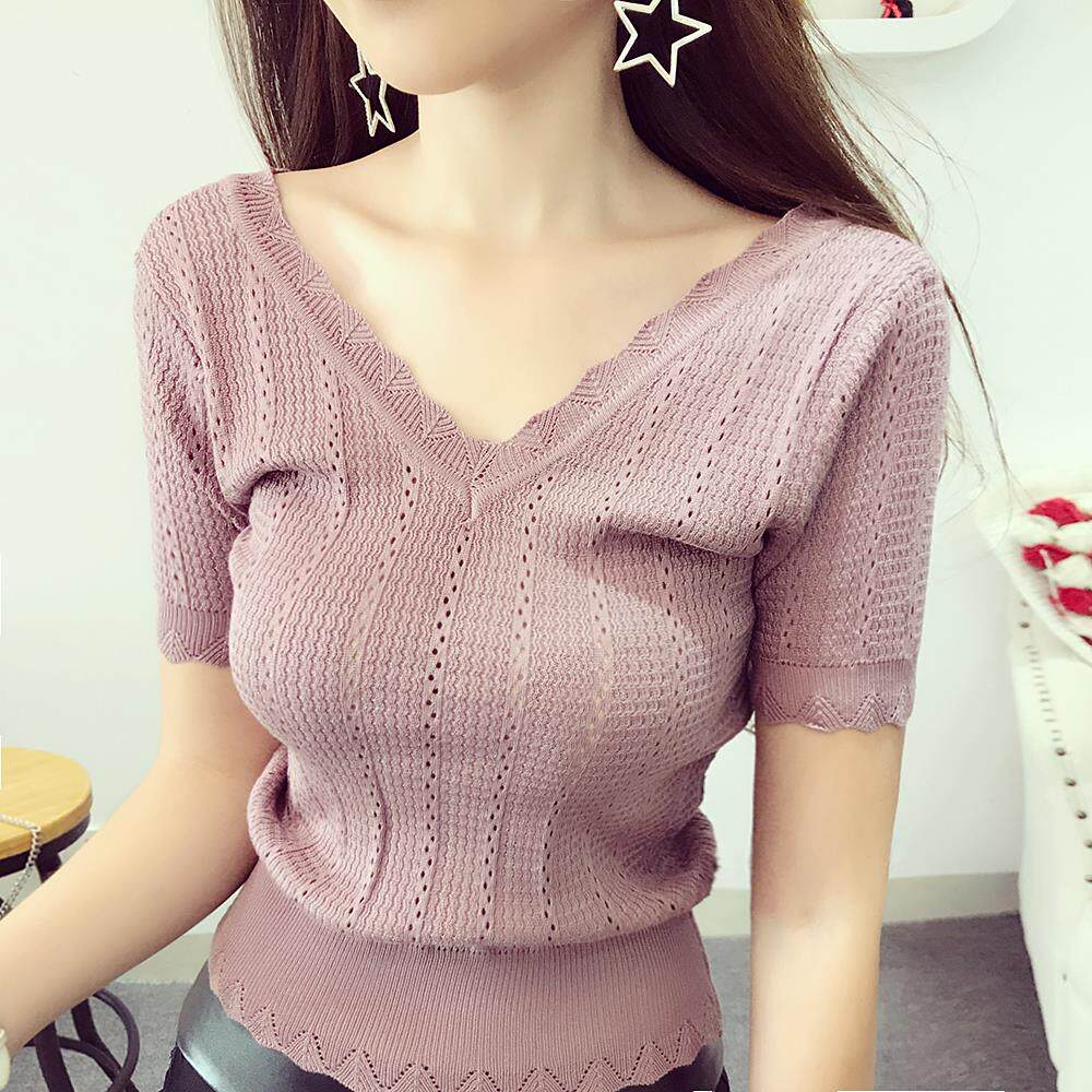 短袖t恤女2019新款性感修身顯瘦V領上衣薄款冰絲緊身針織衫綠色在類目 女裝/女士精品, 毛針織衫中 - 來自Buy2taobao.com提供專業的淘寶代購服務