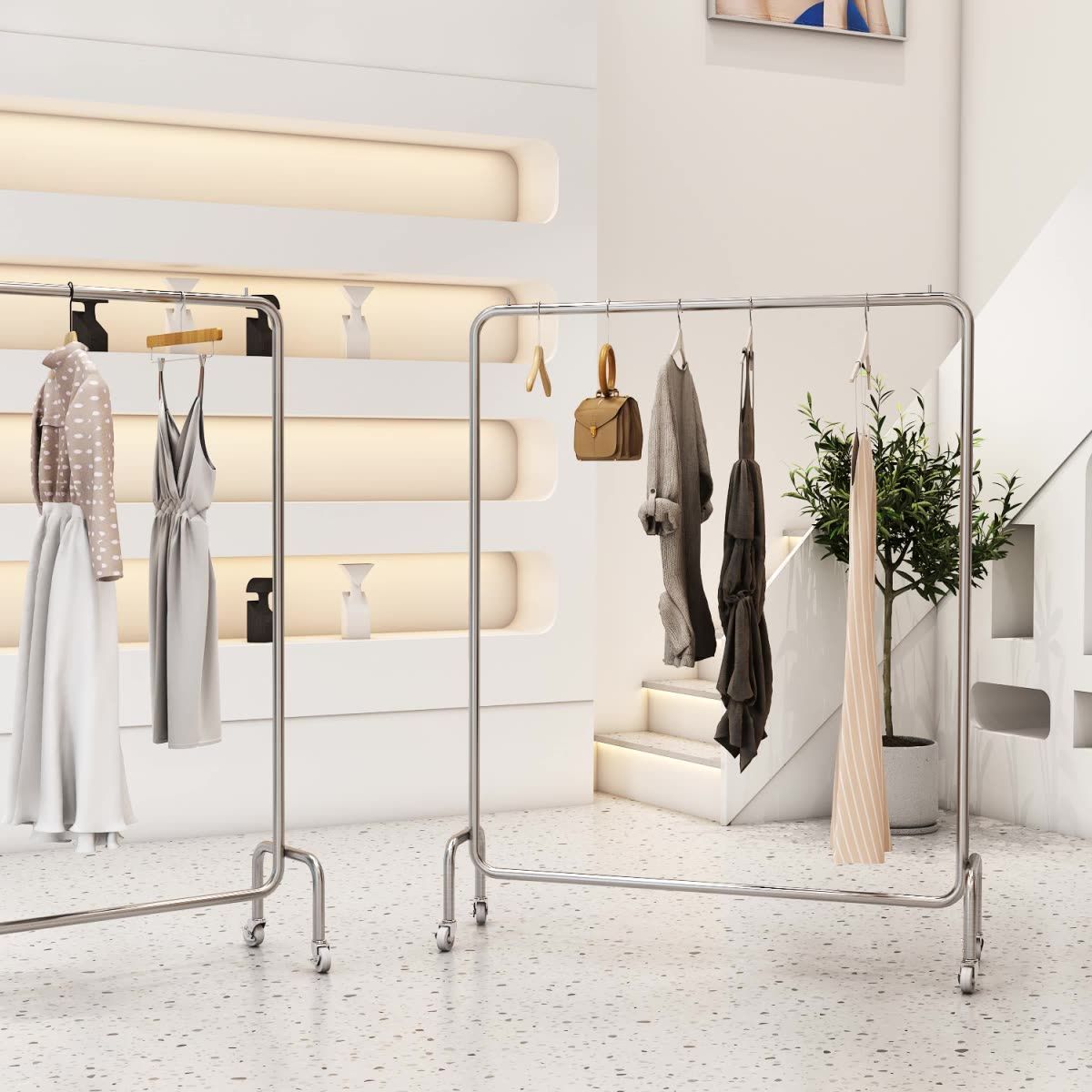 2025新服装店挂衣杆落地式不锈钢拉丝银男女装店中岛展示架带轮陈