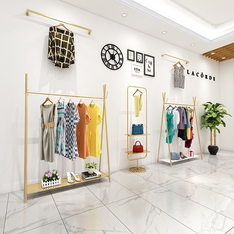 2025新主流服装店衣服展示架落地式铁艺货架金色女装挂衣杆中岛架