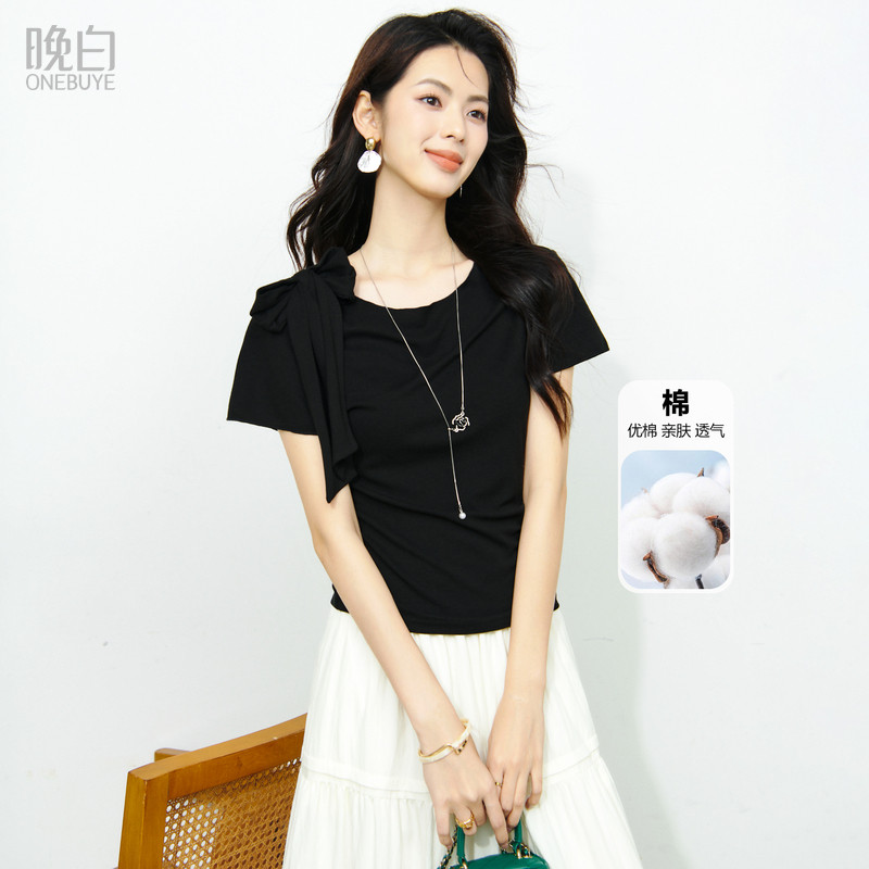 晚白纸片人冰丝棉蝴蝶结短袖T恤女2026夏款修身显瘦圆领黑色上衣