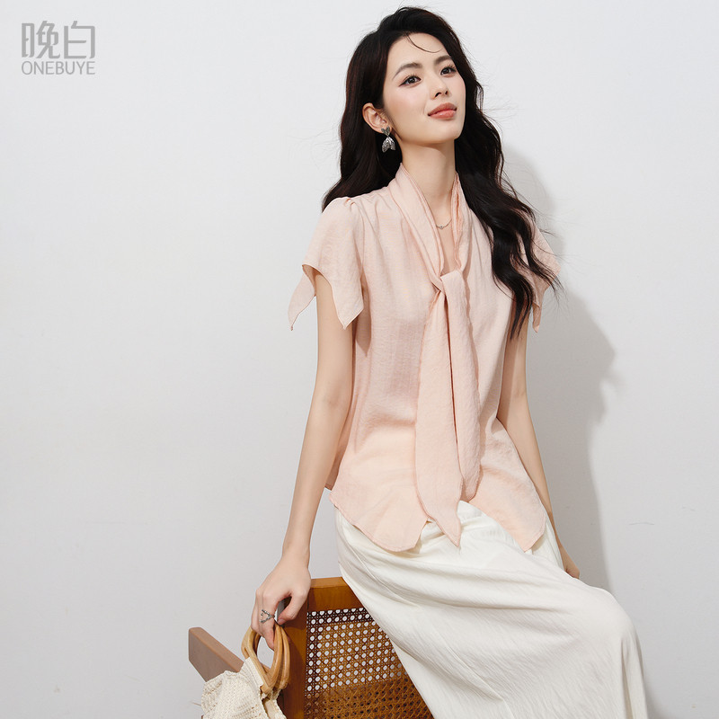 晚白冰丝法式飘带衬衫女