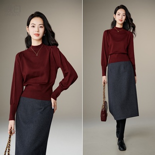 女 简约立领弹力休闲套头针织衫 晚白显白复古红毛衣2026春季 新款