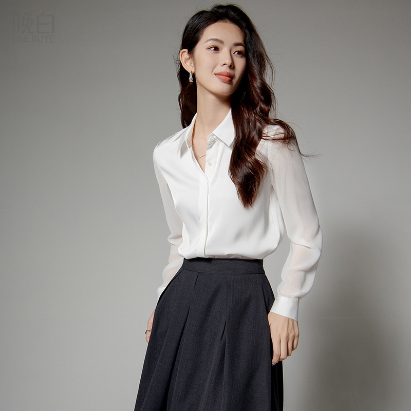 晚白翻领垂坠亲肤通勤衬衫