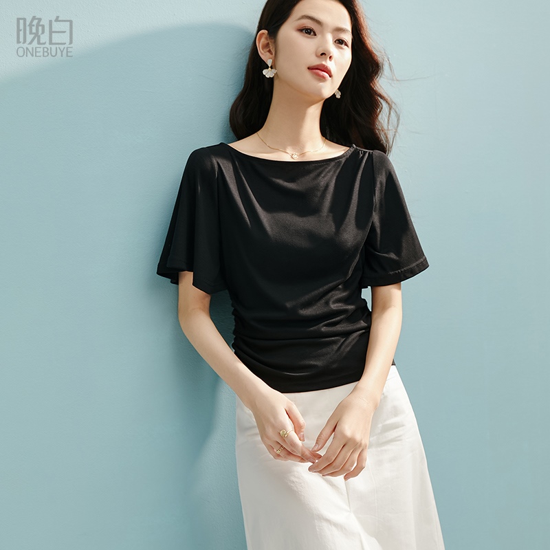 纯色弹力捏褶莱赛尔T恤