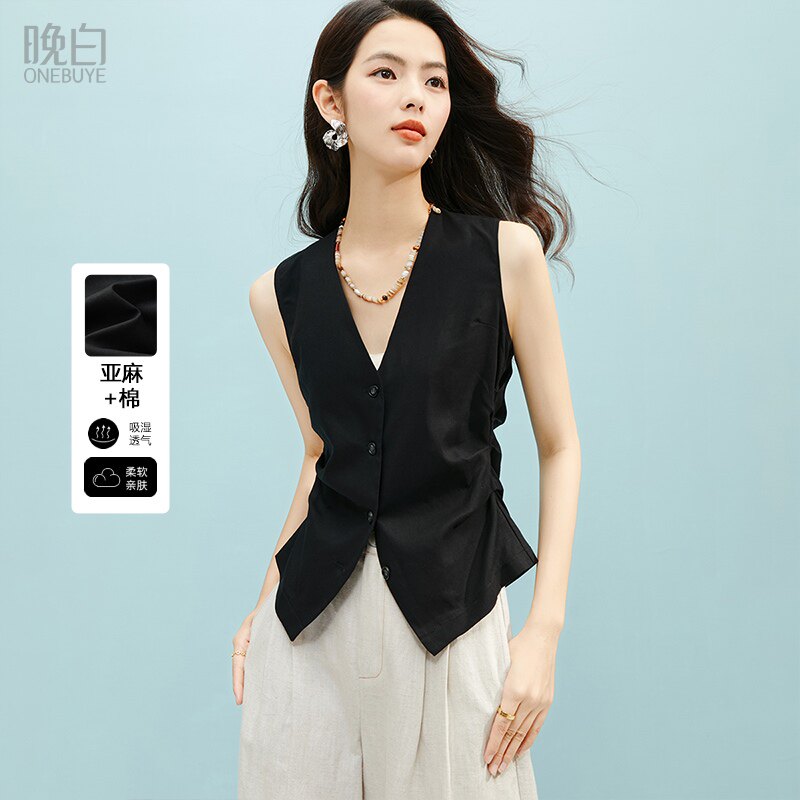 晚白经典简约V领棉麻上衣2026春季新款透气收腰黑色西装马甲女