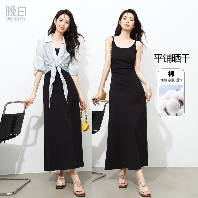 晚白侧边压褶赫本小黑裙棉连衣裙图片