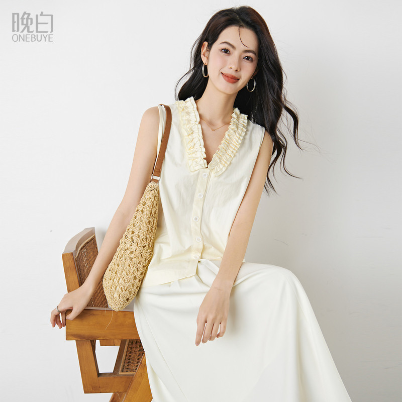 晚白法式花瓣领无袖衬衫女