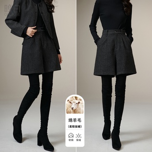 女 2025冬高腰品质感遮肉显瘦休闲百搭短裤 晚白 含羊毛阔腿靴裤