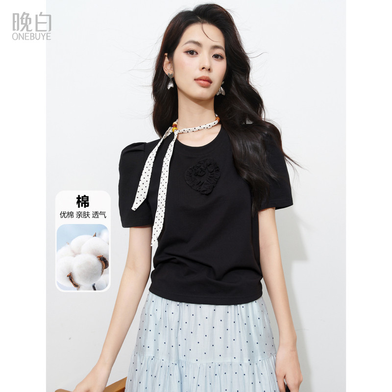晚白超显瘦泡泡袖棉T恤女
