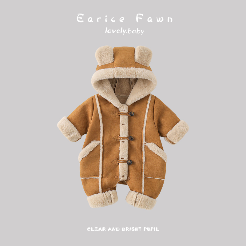 婴儿衣服冬季宝宝洋气连体衣满月百天爬爬服外出加厚保暖洋气棉衣