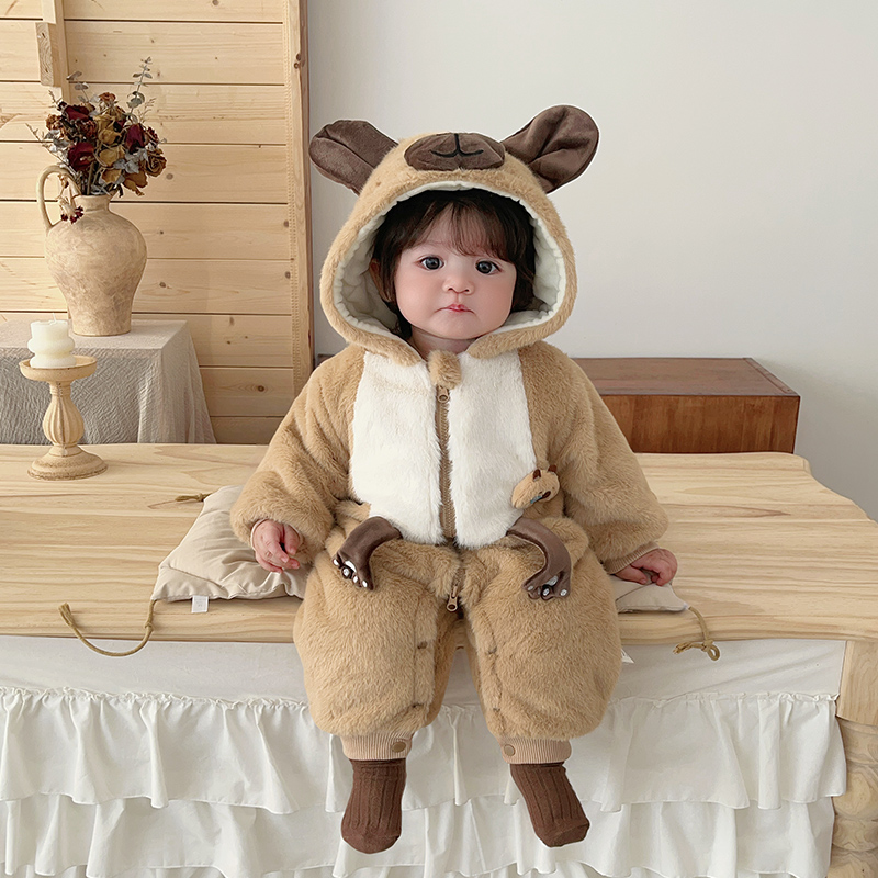 新生婴儿冬季加绒连体衣宝宝可爱加厚棉衣哈衣卡通动物毛毛衣爬服