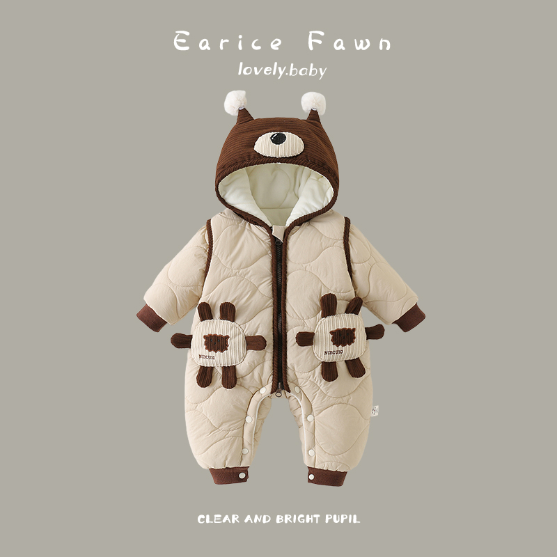 男女宝宝外出服冬装新生初生夹棉加厚连体衣可爱超萌连帽棉衣棉袄