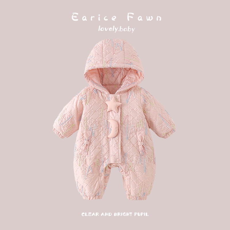 婴儿衣服冬季连体衣初生小月龄宝宝哈衣长袖连帽超萌洋气爬爬服外