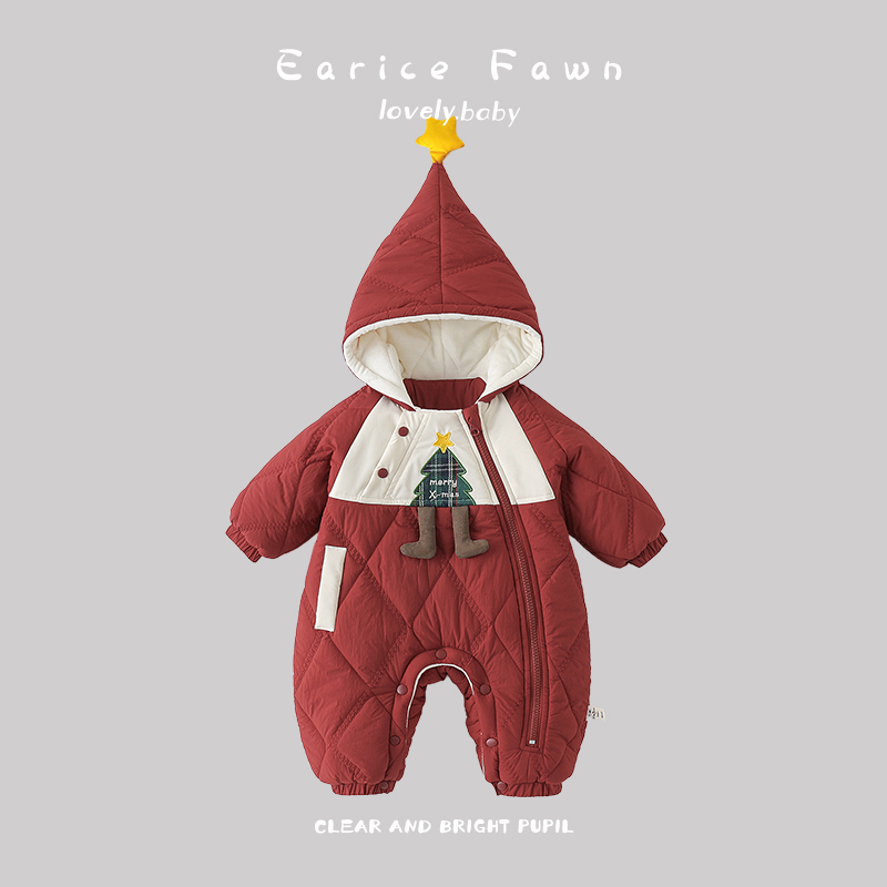 婴儿衣服冬款加厚夹棉连体衣小月龄宝宝外穿连帽加绒棉衣可爱抱衣