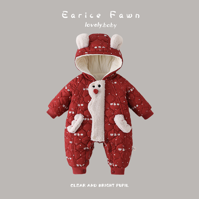 百天宝宝冬款加厚棉衣新生儿长袖连帽夹棉棉服可爱超萌连体衣外套