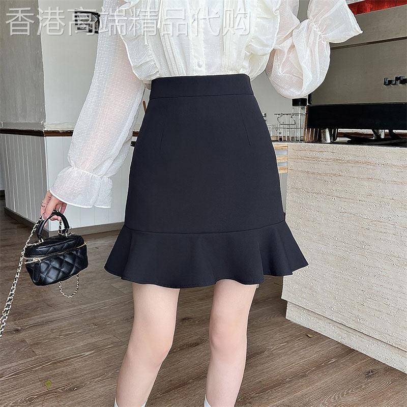 黑色鱼尾裙半身裙女2025春秋新款高腰显瘦荷叶边百搭A字包臀短裙