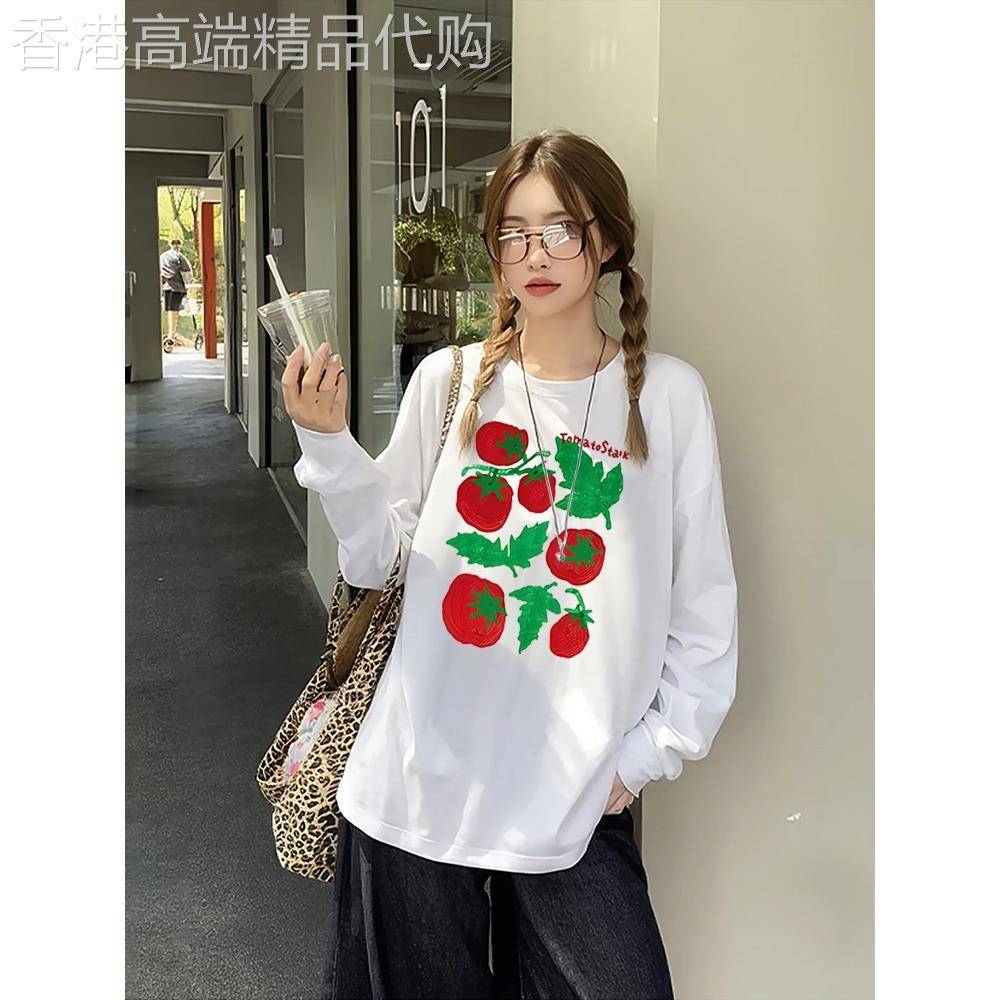 白色长袖t恤女2025早秋新款纯棉宽松打底衫番茄印花别致体恤上衣