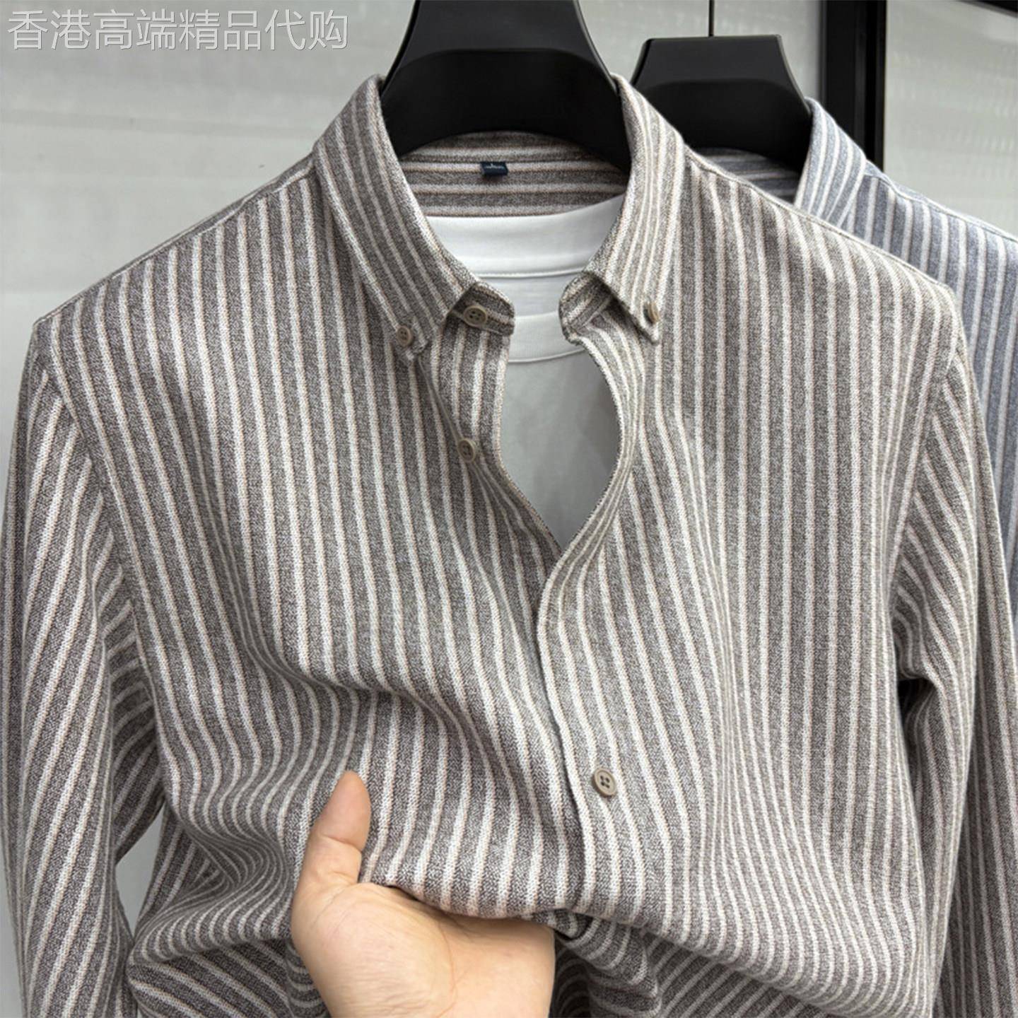 MK正品纯棉条纹衬衫男长袖春秋季2026款高端商务休闲百搭男士衬衫