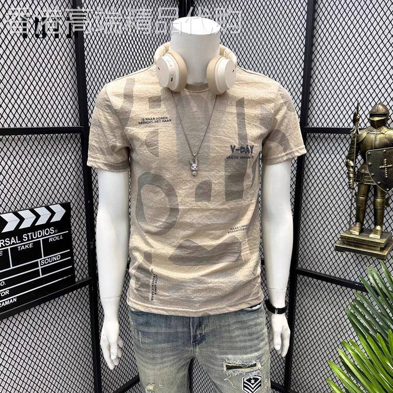 亚麻短袖t恤男士夏季韩版潮牌修身印花圆领体恤百搭复古休闲上衣
