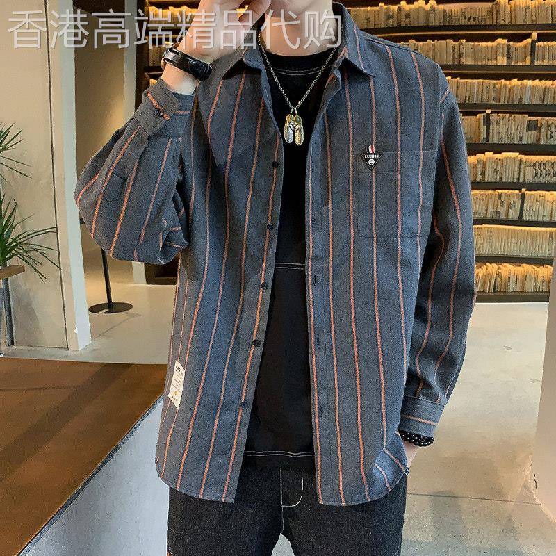 条纹衬衫2025年春秋男士新款韩式时尚百搭长袖衬衫男士修身上衣夹