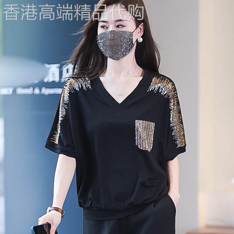 大尺码女装V领T恤女短袖2026夏装宽松百搭时尚烫钻小衫胖mm遮肚上