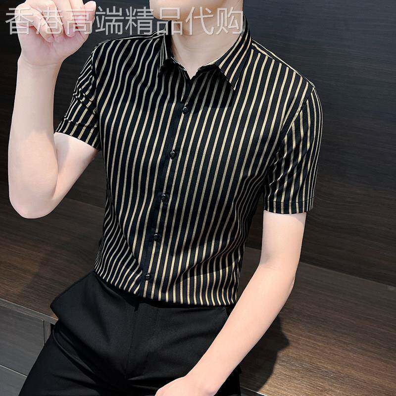 潮牌2525条纹衬衫男士修身短袖高端时尚百搭小众夏季薄款商务衬衣