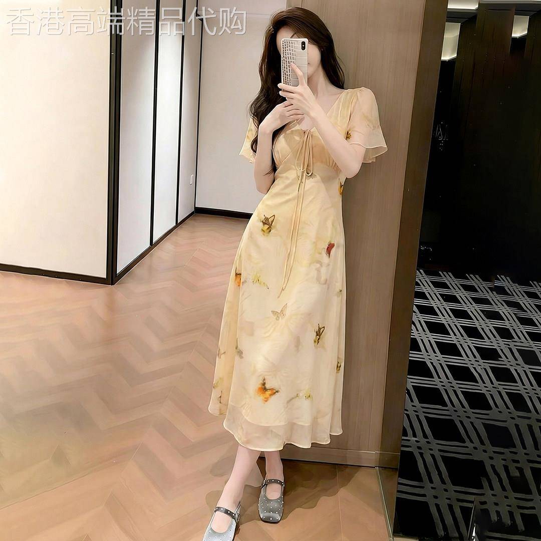 气质黄色碎花洋装女2026夏季新款小个子高级感独特超好看长裙子