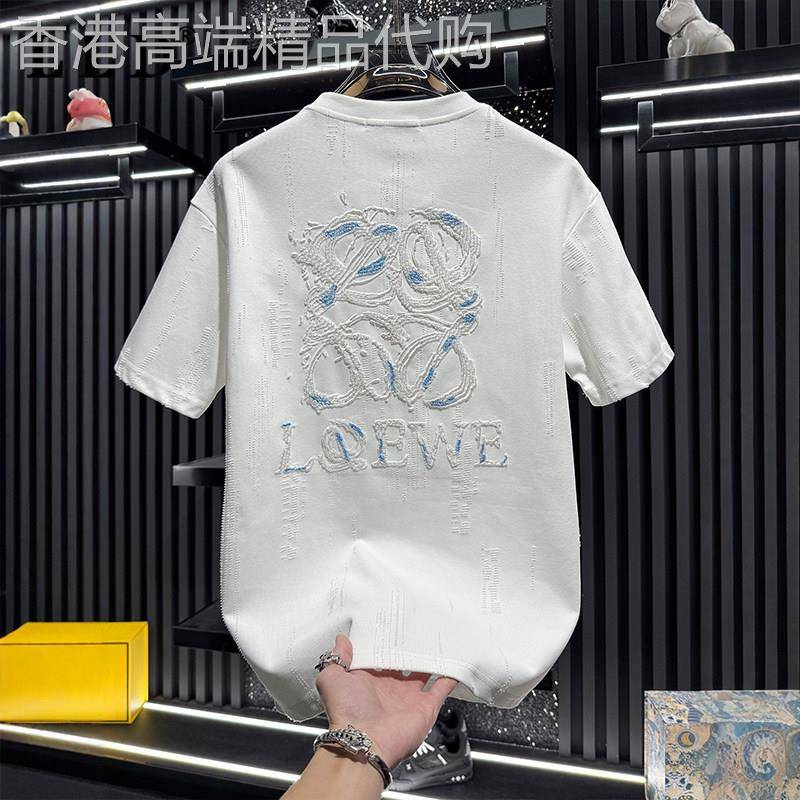 高端白色短袖T恤男士夏季2026新款潮牌刺绣磨破圆领套头休闲上衣