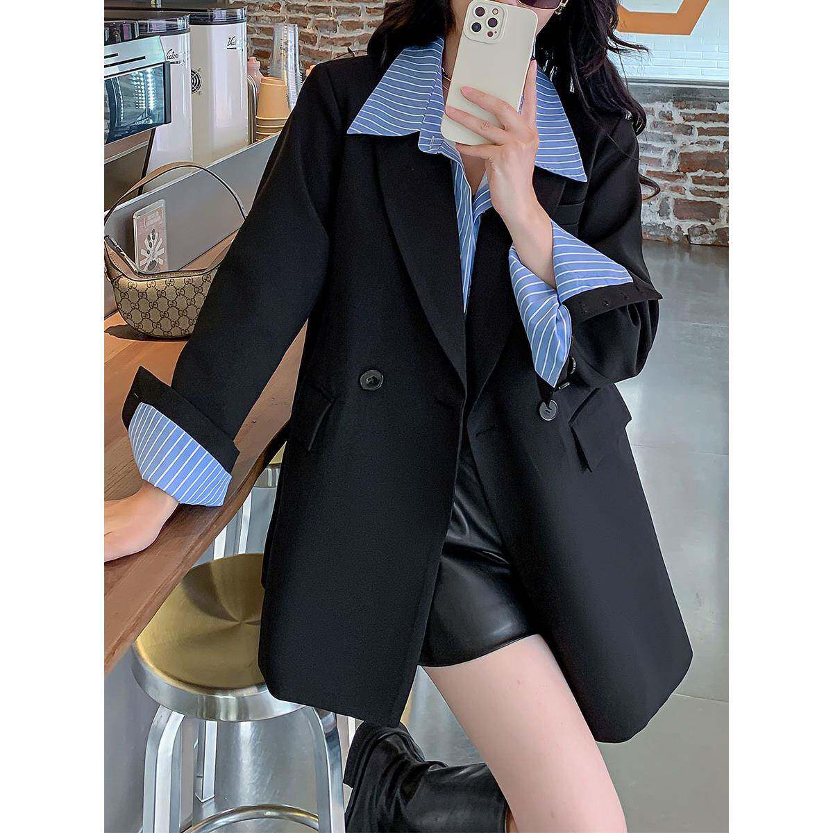 潮牌大码假两件休闲西装外套女春秋撞色拼接宽松中长款西服胖mm