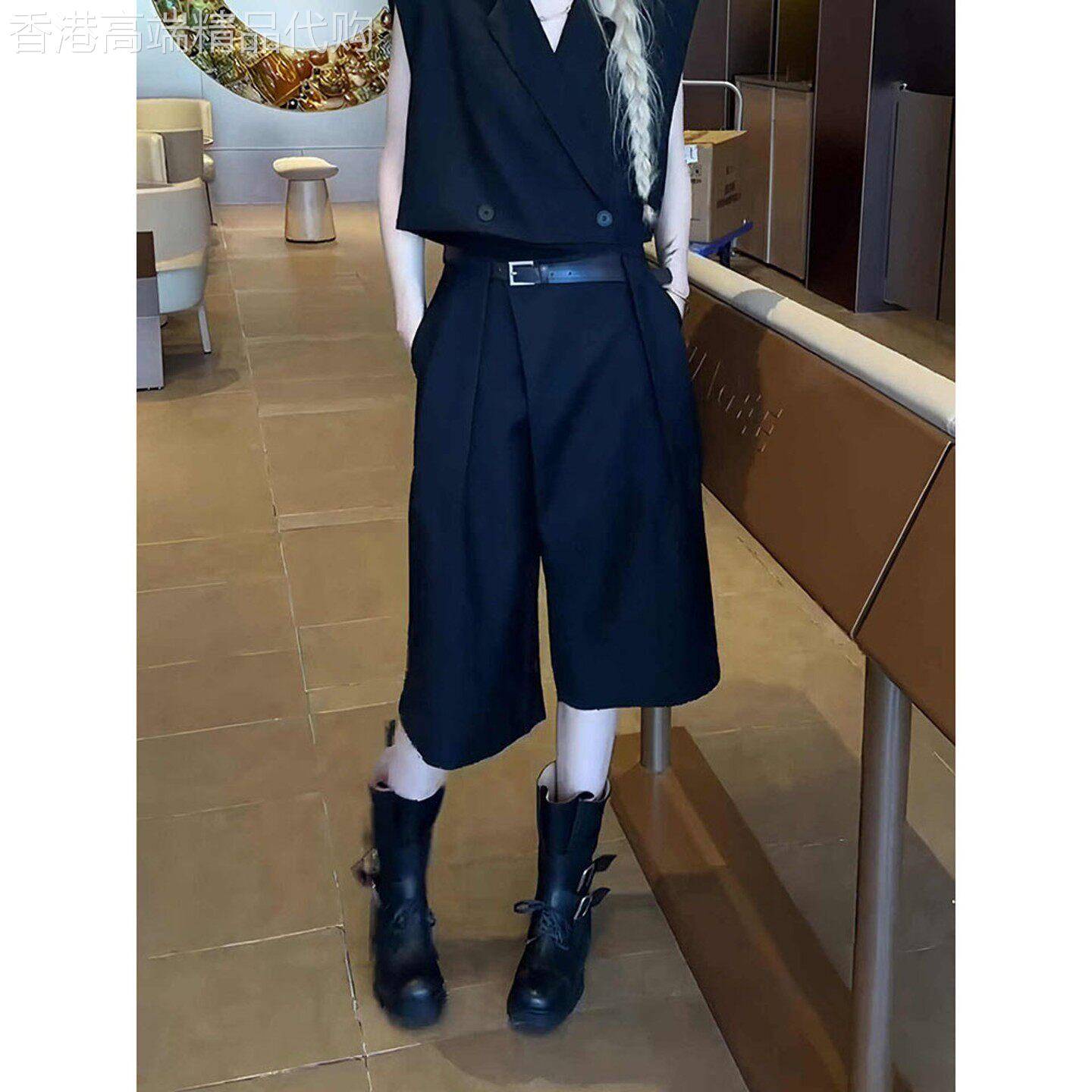 黑色压褶七分西装裤女春季流行新款小众设计休闲裤时尚八分阔腿裤