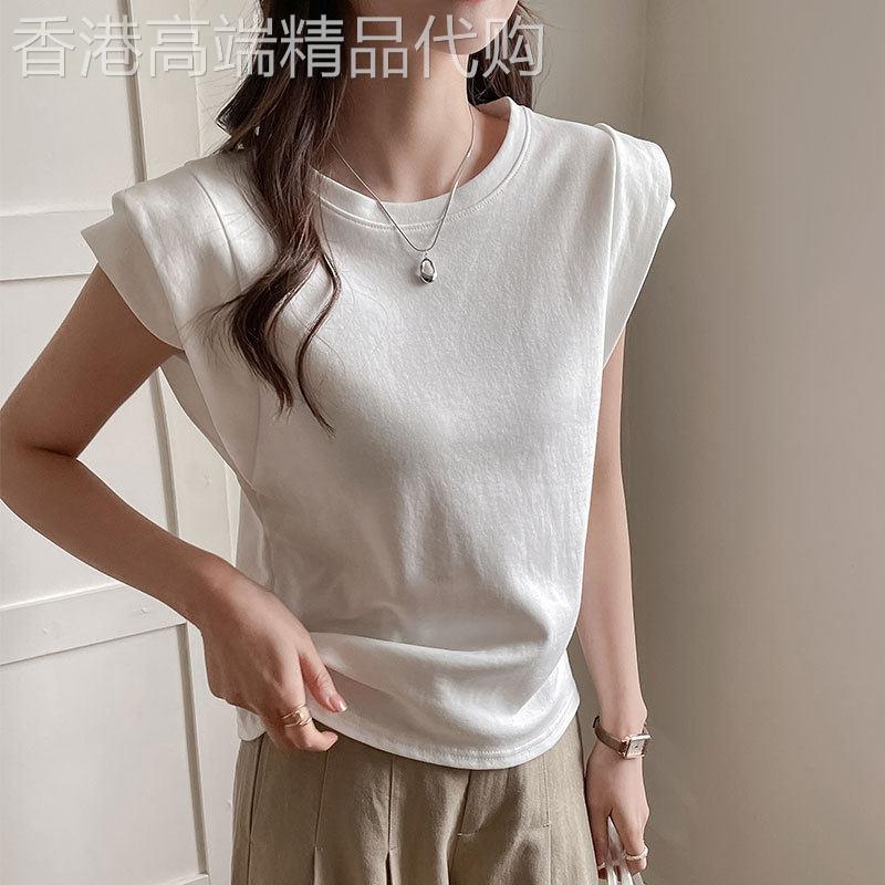 短袖t恤女圆领正肩潮百搭纯色休闲黑白t设计感小众显瘦夏新款上衣