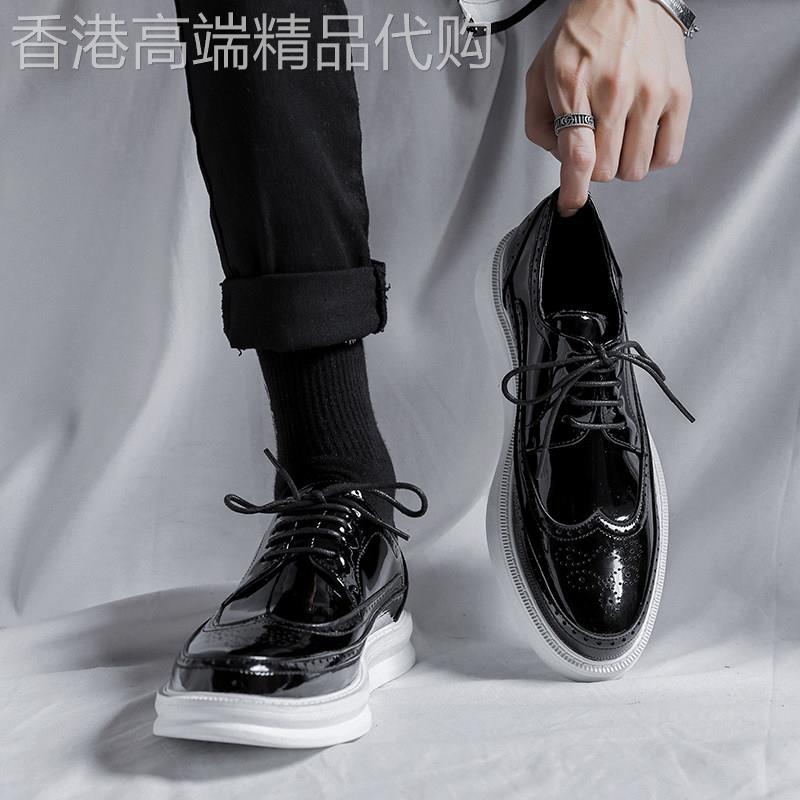 【高品质】夏季皮鞋男商务正装布洛克漆皮亮面增高软底新郎结婚鞋