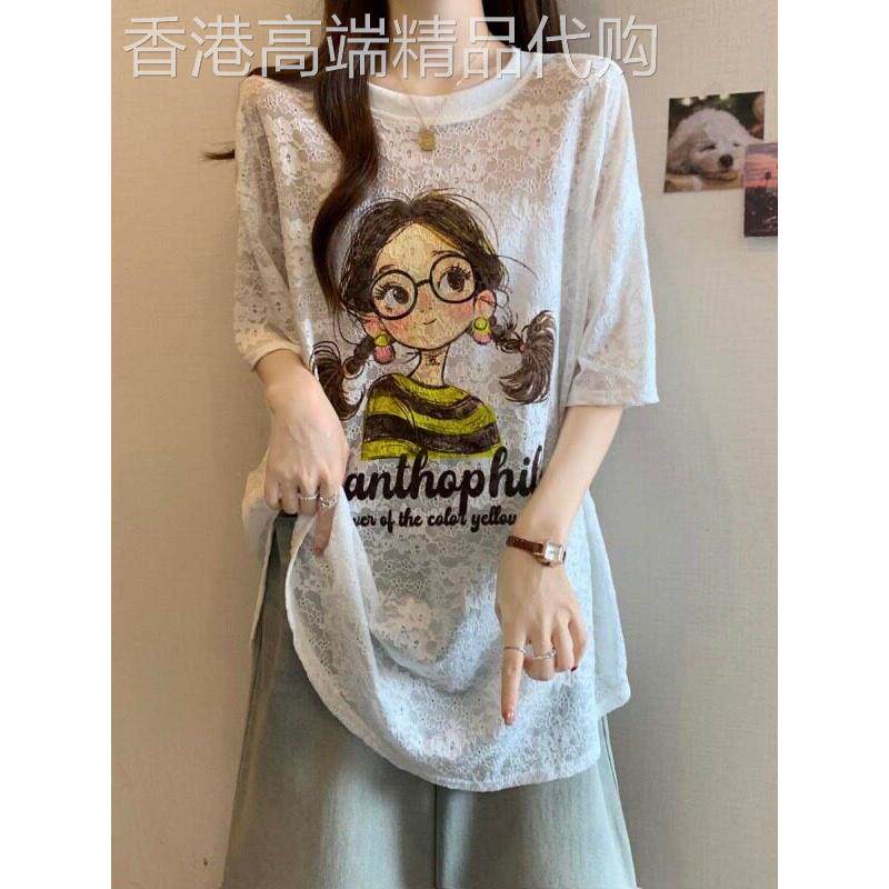 时尚品牌卡通女孩蕾丝短袖女式t恤2025夏季大尺寸胖毫米宽松修身